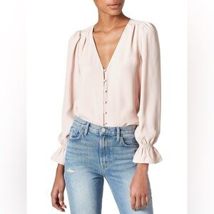 💯 silk Joie Blush Pink Button-Up Blouse flounce fluttery sleeve